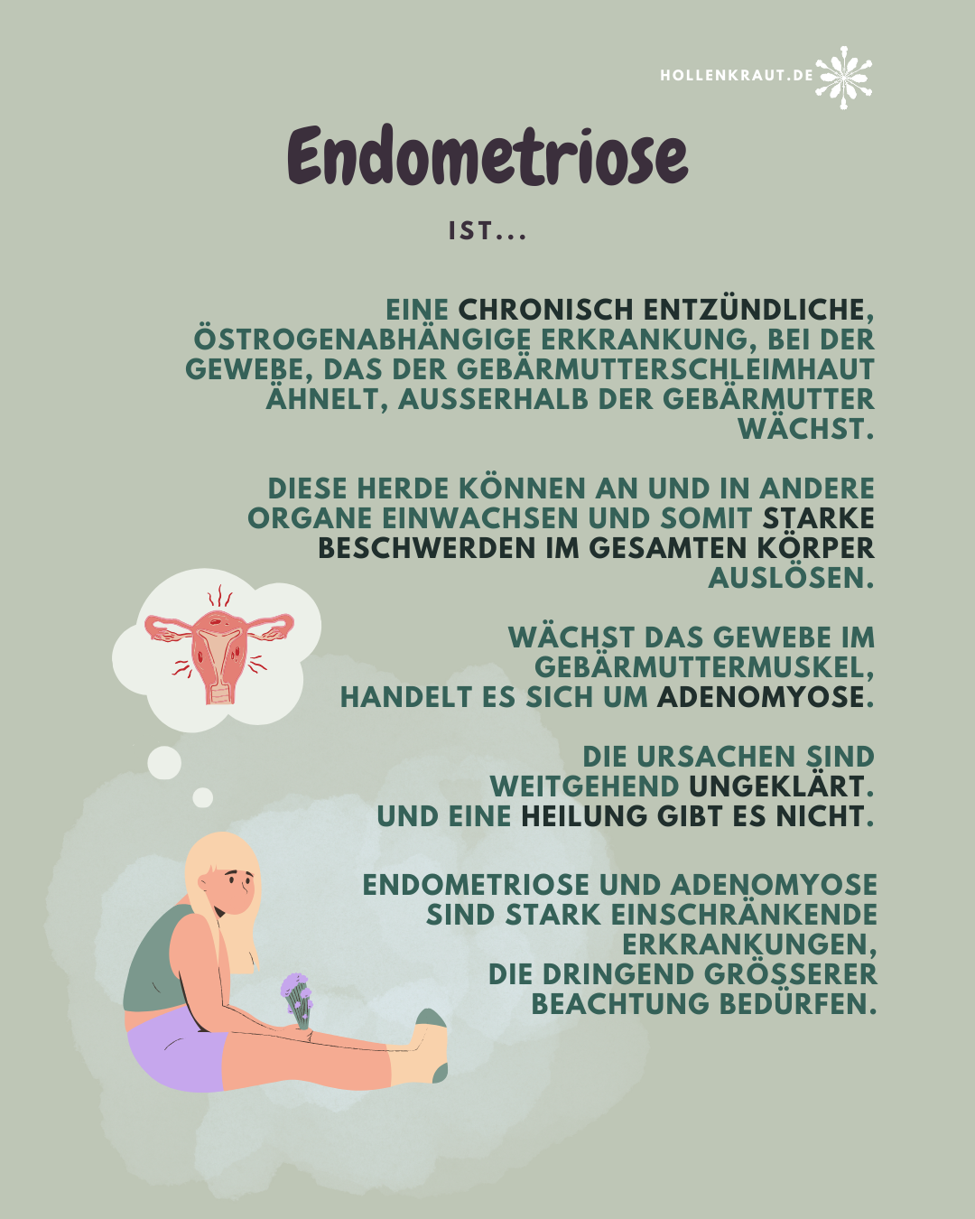 Eine in salbeigrün gehaltene Infografik mit dem Text: Endometriose ist... eine chronisch entzündliche, östrogenabhängige Erkrankung, bei der gewebe, das der Gebärmutterschleimhaut ähnelt, ausserhalb der Gebärmutter wächst. Diese Herde können an und in andere Organe einwachsen und somit starke Beschwerden im gesamten Körper auslösen. Wächst das Gewebe im Gebärmuttermuskel, handelt es sich um Adenomyose. Die Ursachen sind weitgehend ungeklärt. Und eine Heilung gibt es nicht. Endometriose und Adenomyose sind stark einschränkende Erkrankungen, die dringend grösserer Beachtung bedürfen.