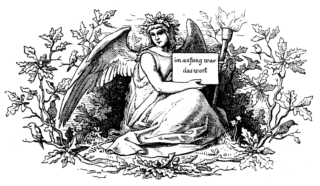 Eine Zeichnung einer Engelsfigur die auf dem Boden sitzt und in der Hand ein Schild hält. Aufschrift: "im anfang war das wort" Umrankt ist sie von Zweigen der Eiche.